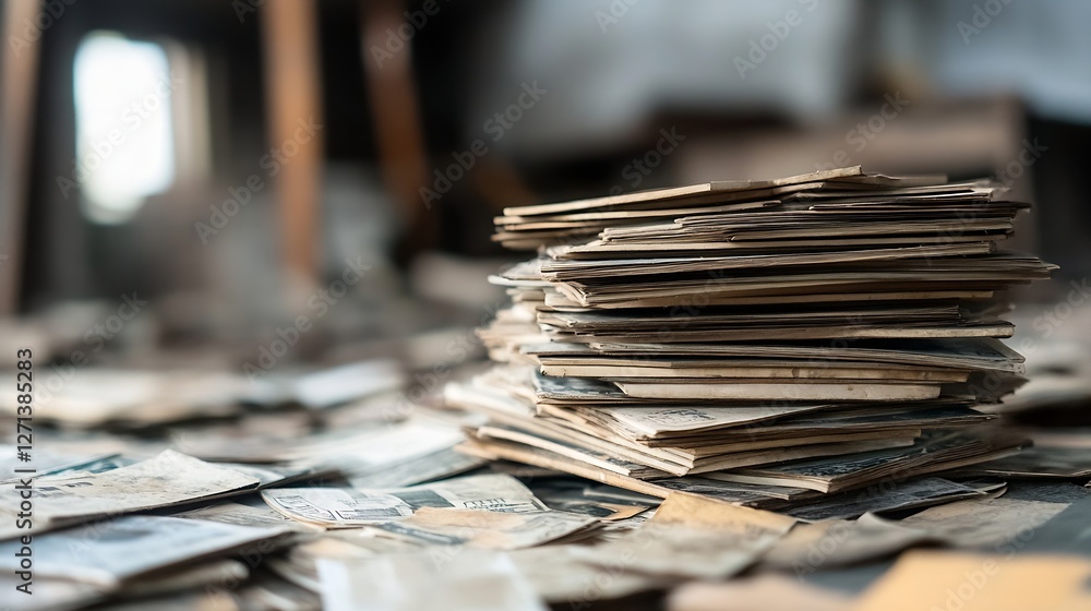 Poster stack of old and vintage papers scattered on the floor inside an abandoned building giving an eerie 