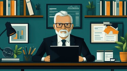 Professional businessman working on laptop in modern office setting