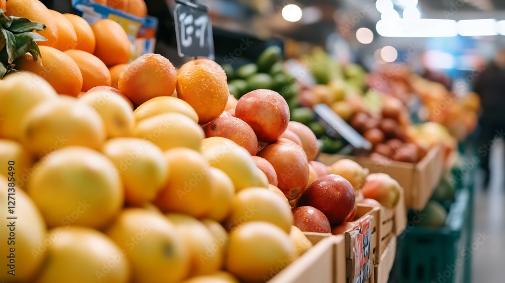 Poster vibrant assortment of fresh fruits displayed at a local market with bright colors and appealing text