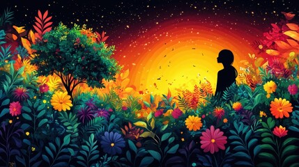 Person Silhouetted Against Vibrant Sunset Surrounded by Colorful Flowers