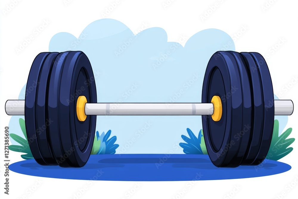 Poster a flat, modern design of a barbell with progress indicators, representing physical training