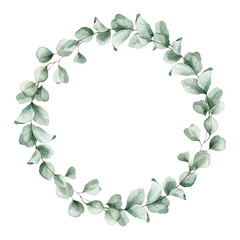 Watercolor illustration card with eucalyptus leaves branches wreath. Isolated on white background. Hand drawn clipart. Perfect for card, postcard, tags, invitation, printing, wrapping. © Karina Martirosova