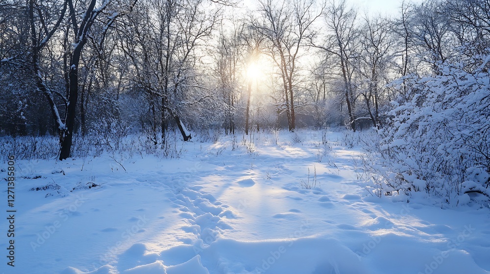 Poster serene winter scene featuring snowcovered ground and trees illuminated by warm sunlight in a snowy l