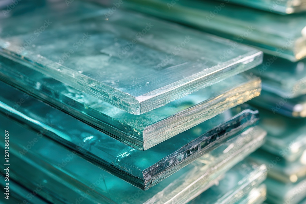 Poster architecture and construction glass material background . a vibrant stack of glass blocks in various