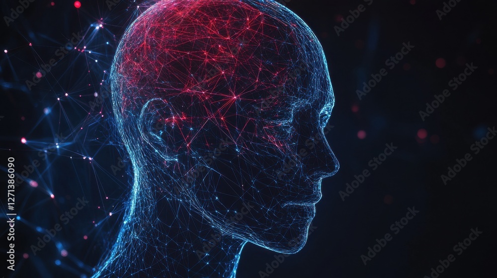 Aufkleber abstract polygonal head outline on dark backdrop with mock up place. ai and human mind concept. 3d r