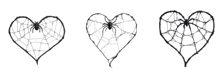 Set of Minimalist image of two heart-shaped spiders, each hanging by a single thread on transparent png background. Ai generated