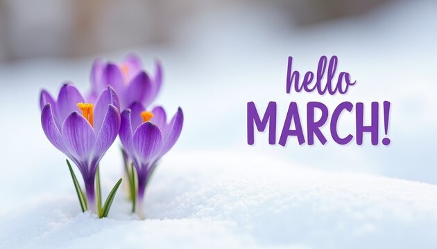Purple crocuses with yellow cores making their way through snow. Inscription hello MARCH symbolizes arrival of spring and awakening of nature after winter.