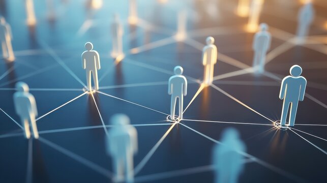 This image shows a conceptual network of figures connected by lines, representing social media or organizational connections