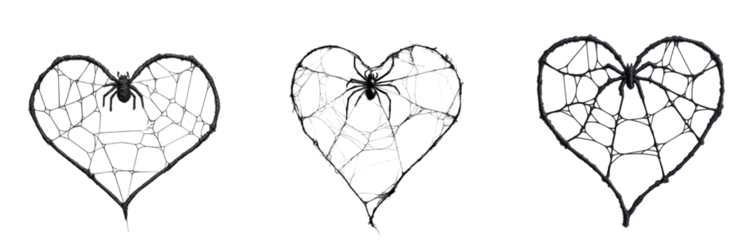 Set of Minimalist image of two heart-shaped spiders, each hanging by a single thread on transparent png background. Ai generated