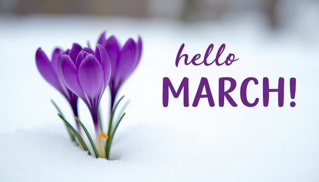 Purple crocuses making their way through snow cover. Inscription hello MARCH symbolize arrival of early spring, meeting March and welcoming spring, emphasizing awakening of nature after winter.