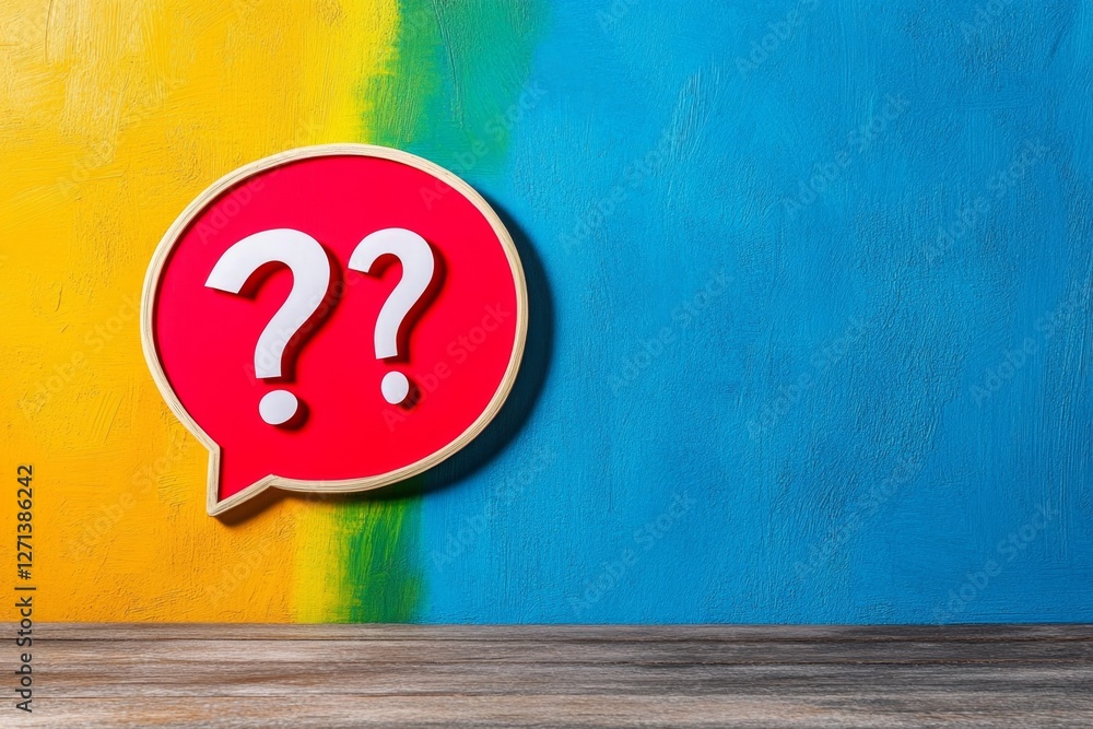 Poster a flat, modern design of a speech bubble with three question marks, representing a public opinion su