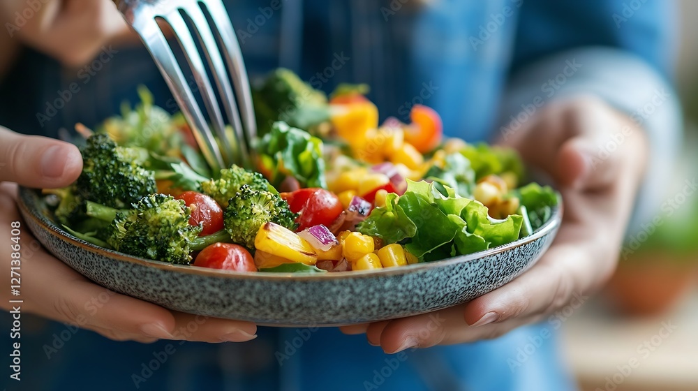 Poster fresh and colorful vegetable salad featuring broccoli tomatoes and corn served in a stylish bowl : g