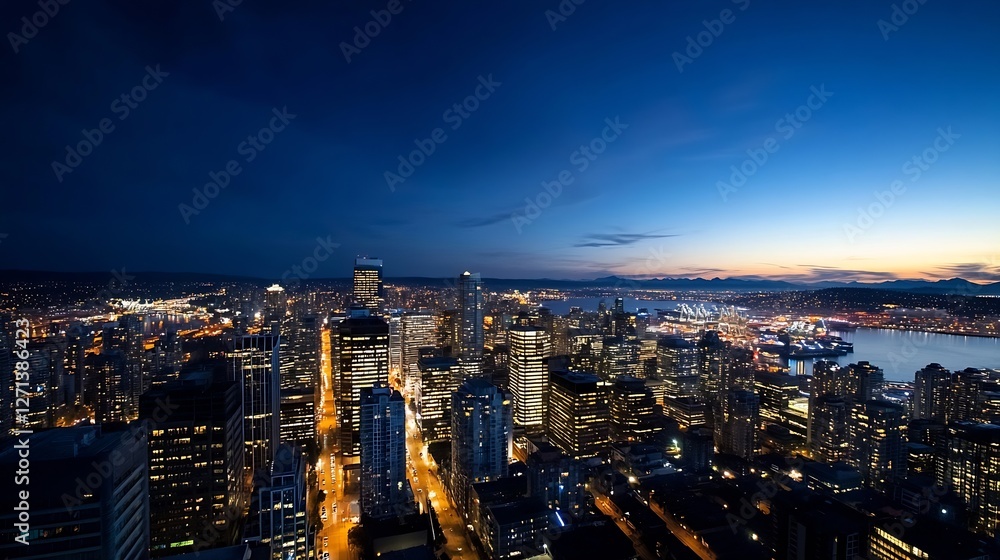 Poster breathtaking panoramic view of a vibrant city skyline illuminated at dusk with glowing lights and su