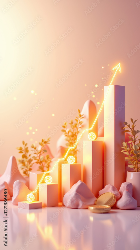 Poster a conceptual representation of financial growth with an upward-trending chart composed of ascending 