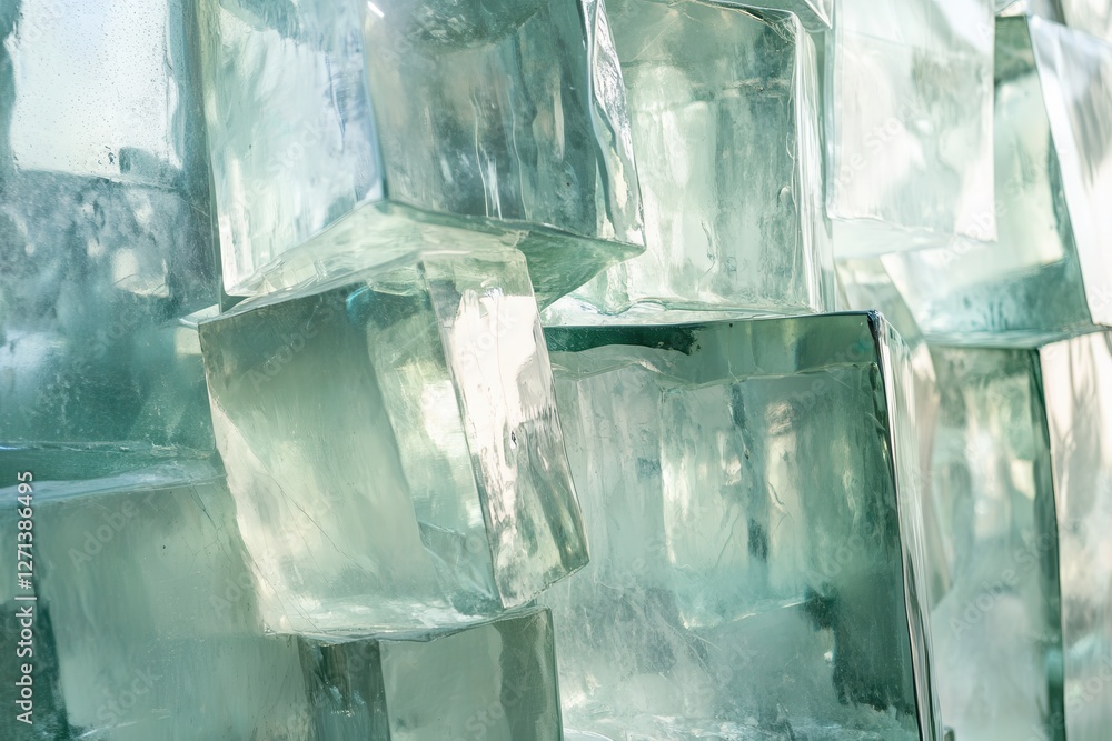 Poster architecture and construction glass material background . a vibrant stack of glass blocks in various