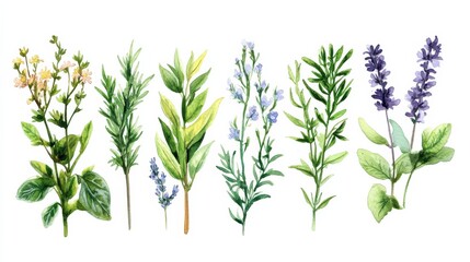 Fototapeta premium Watercolor illustration featuring a vibrant collection of herbs plants and flowers Hand drawn graphic sketches for design use