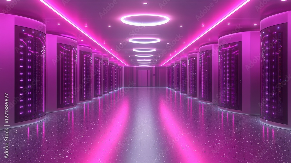 Poster futuristic data center with neon lights and high-tech server racks