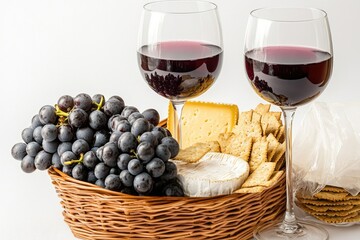 Two wine glasses filled with red wine, accompanied by a basket of grapes and slices of cheese.