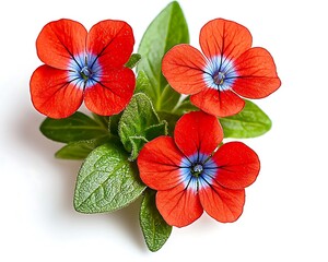 Obraz premium Close-up of three vibrant red flowers with blue centers, on green leaves, isolated on white background