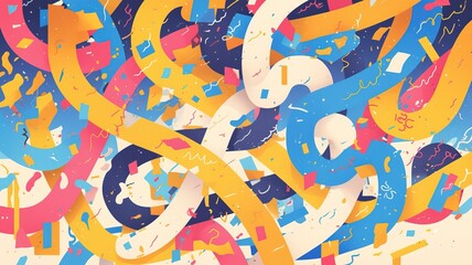 Obraz premium Colorful ribbons swirl, confetti celebration background
