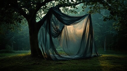 Naklejka premium Ethereal Fabric Draped on Tree in Mystical Forest Setting