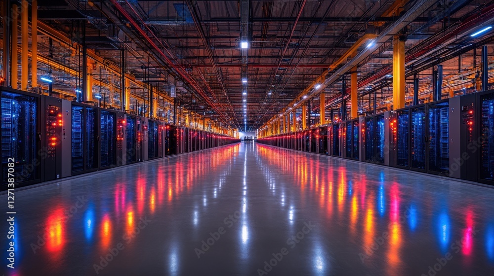 Poster futuristic data center with rows of servers and reflective floor
