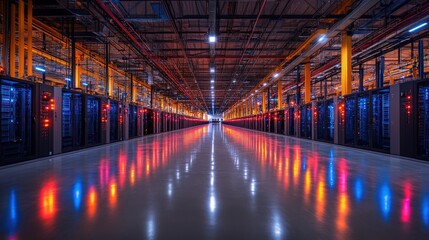 Fototapeta premium Futuristic Data Center with Rows of Servers and Reflective Floor