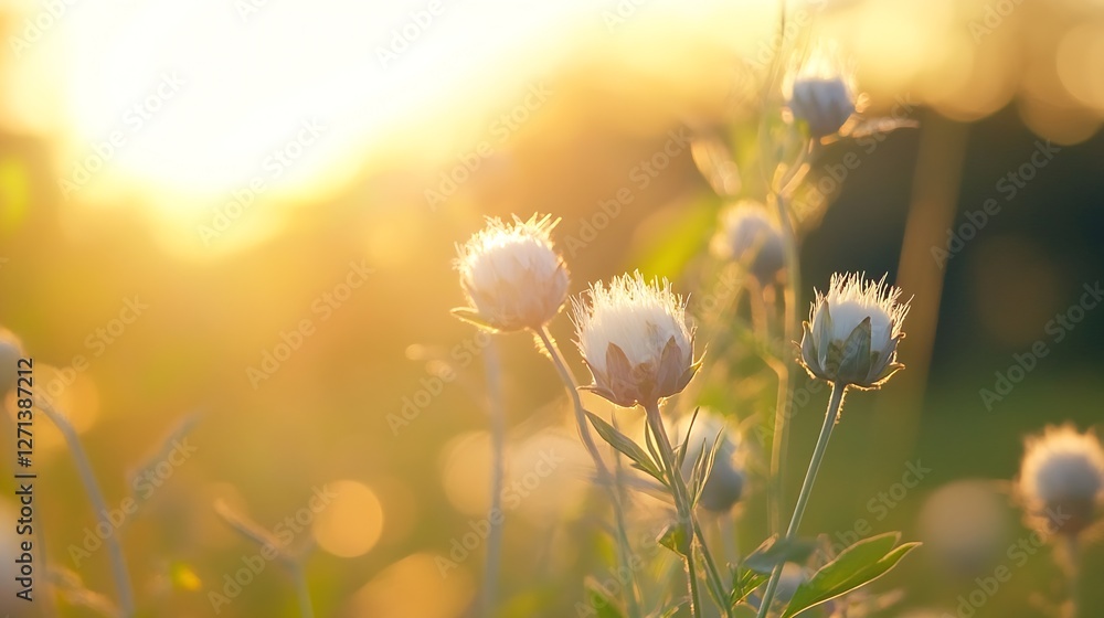 Aufkleber sunlit wildflowers blooming in a field during golden hour with soft bokeh effects and warm colors : 
