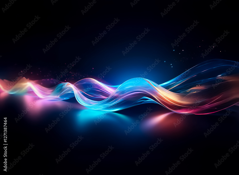 Poster luminous waves of vibrant colors flow across a dark backdrop, creating a dynamic and abstract visual