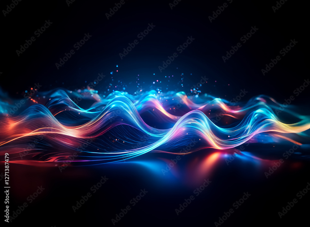 Poster vibrant abstract waves of blue and orange light flow smoothly on a dark backdrop, adorned with brigh