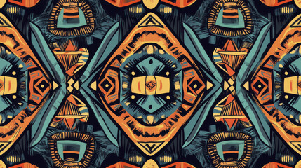 Vibrant abstract tribal pattern featuring artistic ethnic influences, showcasing geometric shapes and bold colors that evoke sense of cultural richness and creativity