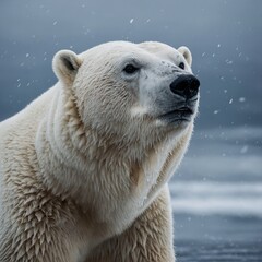 A polar bear with an icy breath visible in the cold air.