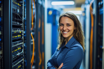 Confident technician smiling in a server room environment