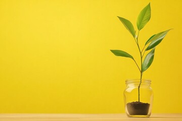 Young plant in jar yellow background