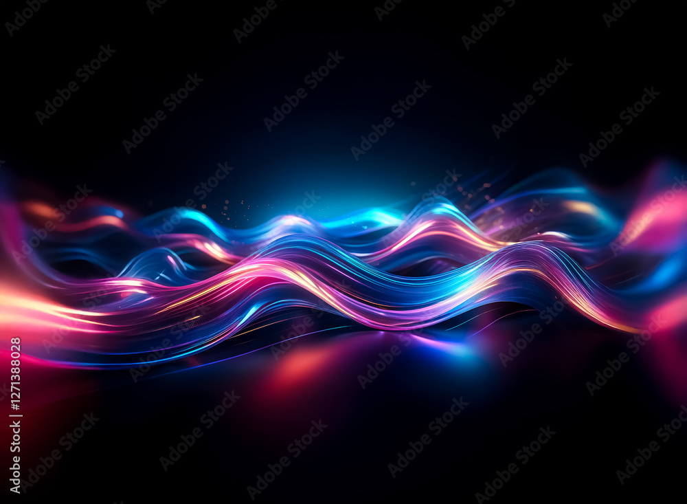 Poster abstract glowing waves of vibrant blue and pink energy flow across a dark background, creating a dyn