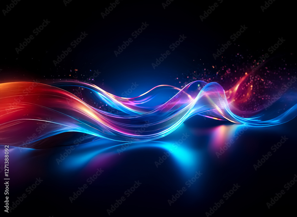 Poster abstract luminous waves flow across a dark backdrop, illuminated with vibrant hues of red, orange, b