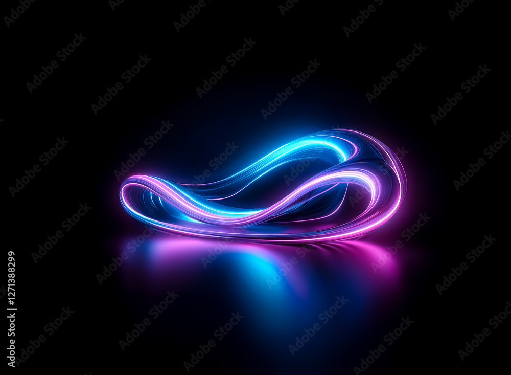 Poster a glowing loop of neon light in blue and pink hues curves dynamically against a stark black backdrop
