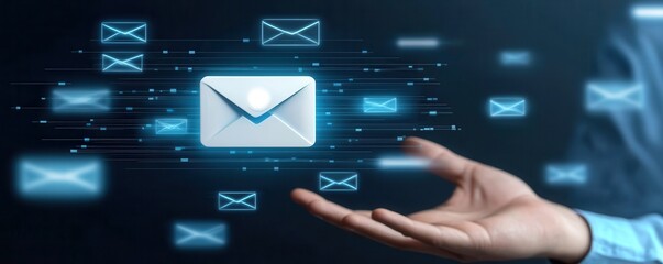 A hand reaching out towards floating email icons, symbolizing digital communication and connectivity through email technology.