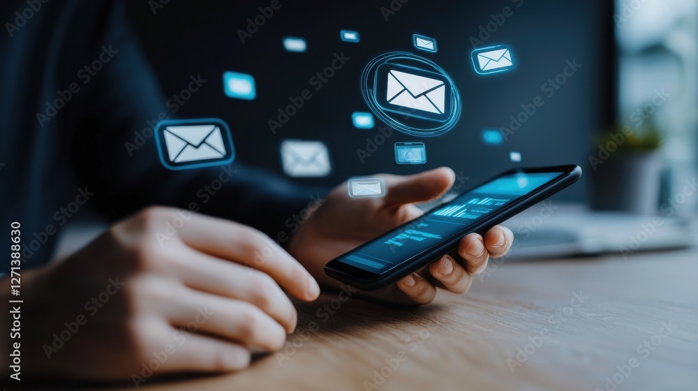 Poster a person holds a smartphone displaying email notifications, symbolizing communication and digital co