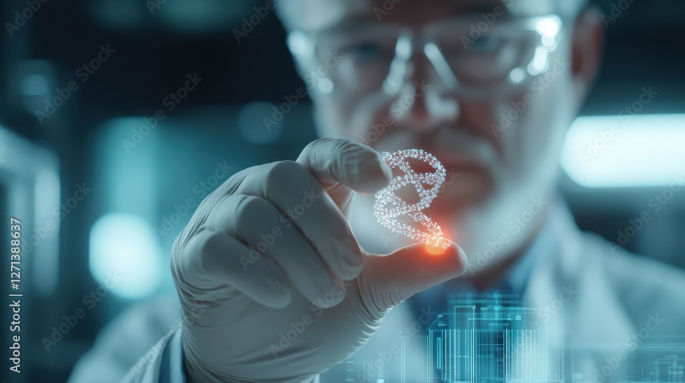 Aufkleber scientist examines dna structure with advanced holographic technology