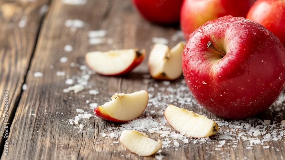 Aufkleber fresh red apples scattered on rustic wooden table with sliced pieces sprinkled with white sugar : ge