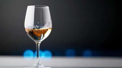 Elegant glass of sparkling white wine with bubbles splashing on a dark background and blurred lights in the backdrop