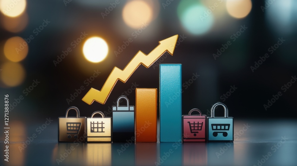 Poster growth chart concept with shopping carts and increasing arrow