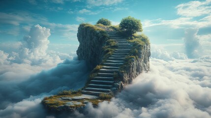 Serene Staircase Leading to Lush Tree on Floating Cloud Island