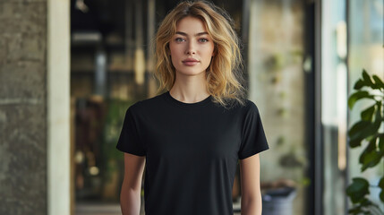 Fototapeta premium Stylish Blonde Woman in a Black T-Shirt Standing in an Industrial Setting – AI Generated