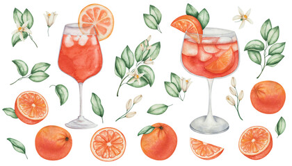 Watercolor illustration. Set of cocktails and oranges. Hand painted aperol spritz in glass with orange citrus fruit, ice, green leaves, flowers. Cold alcohol drink. Aperitif. Juice. Isolated clip art