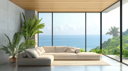 Modern living room interior design with a wide glass window and sea view, concrete wall, and wooden ceiling