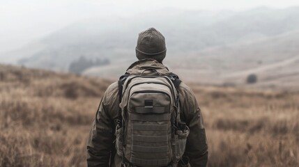 Hiker Gazing at Misty Mountain Scenery, Outdoor Recreation