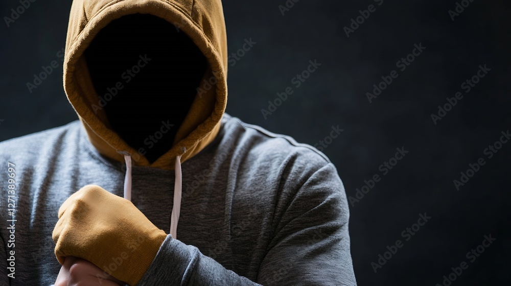 Poster mysterious figure in a hoodie with a faceless appearance against a dark background : generative ai