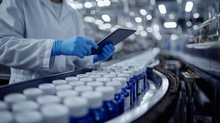 In a bustling pharmaceutical facility, a diligent worker dressed in a white coat and blue gloves meticulously checks product quality while holding a tablet